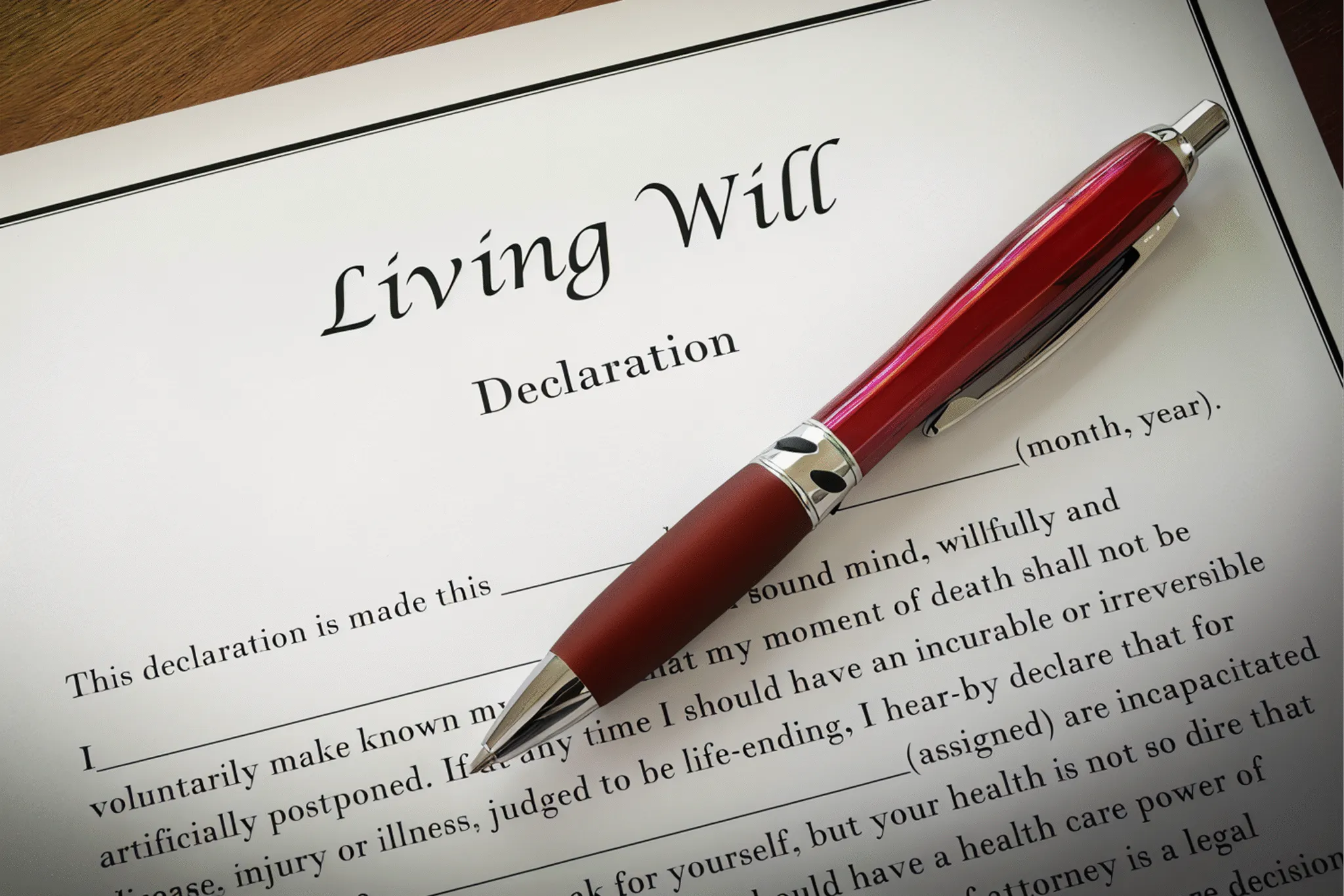 Red pen on a living will document.