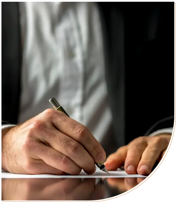 Person signing a document with a pen, wearing business attire.