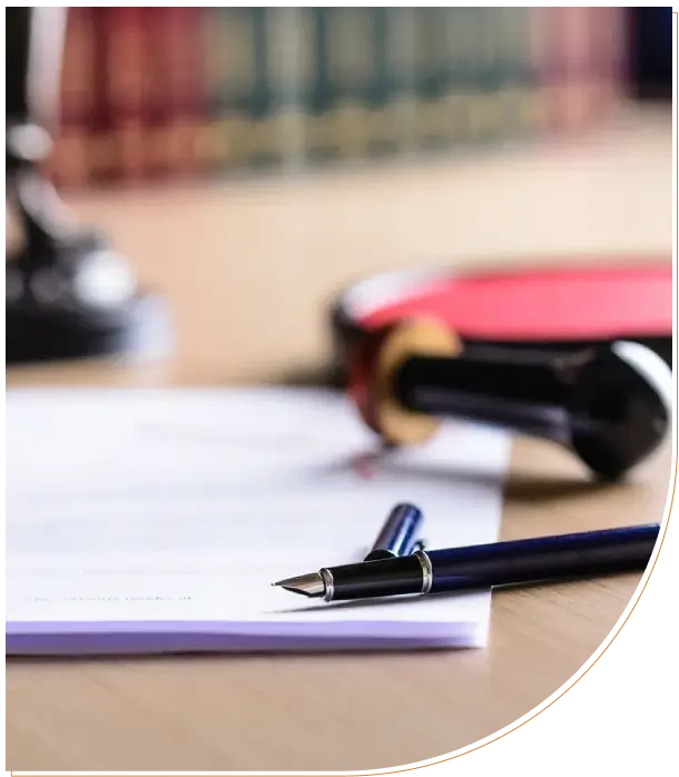 A pen resting on a stack of papers with a blurred book in the background.