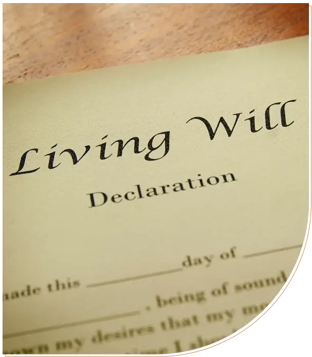 A close-up of a 'Living Will Declaration' document.