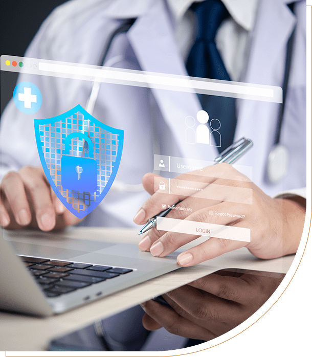 Doctor using laptop with digital health shield icon overlay.
