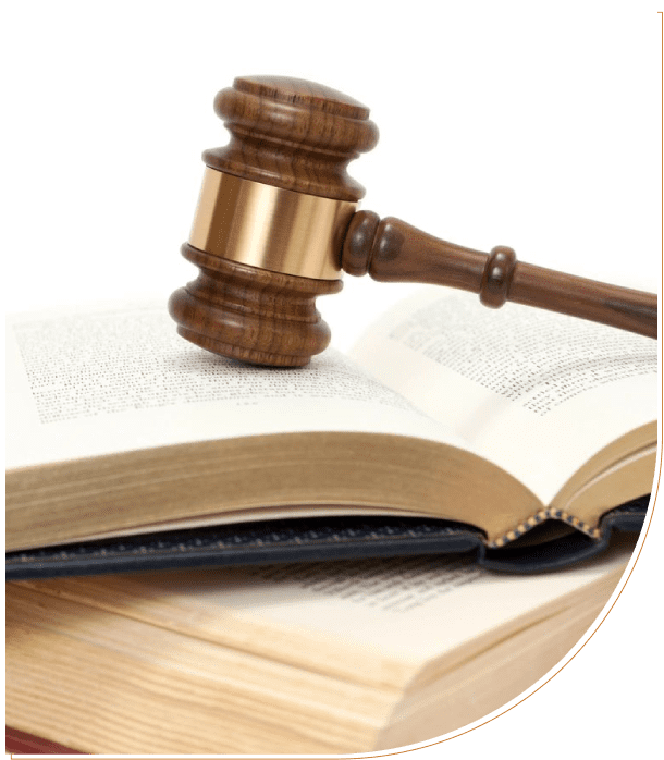 A judge's gavel resting on an open law book.